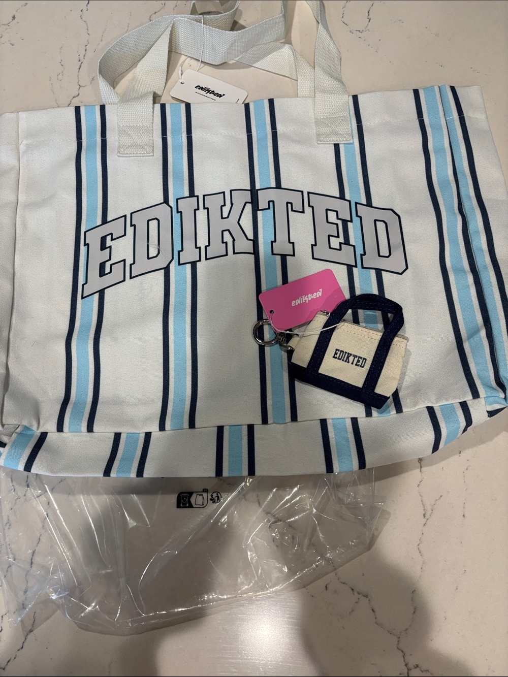 Edikted Roomy Blue & White Striped Stylish Canvas Tote + Matching Keychain NWT